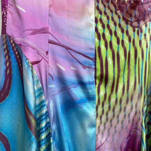 Vintage Y2K long satin dress like new, handmade, multicolor blue