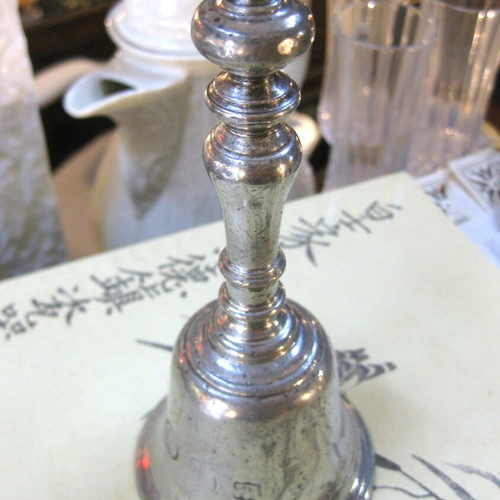 Pewter hand bell used, height 14 cm, diameter 6.8 cm