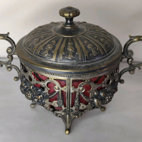WMF Art Nouveau antique fondue sugar bowl used with red glass lining