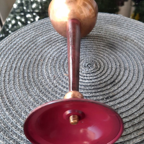 Vintage brass candlestick 20cm with burgundy enamel, excellent condition