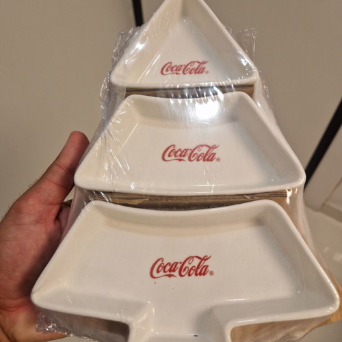 Coca-Cola festive serving set new, ceramic bowls with bamboo base