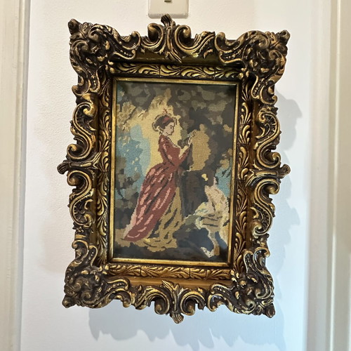Vintage gobelin textile painting "The Souvenir" with baroque carved frame