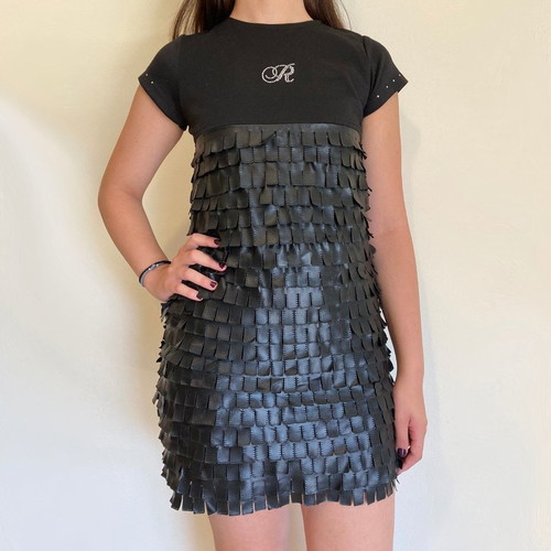 Black leather mini dress Raxevsky new, with fringes and zipper