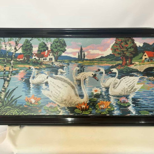 Vintage embroidered painting "Swans on the Lake" 60x120 used