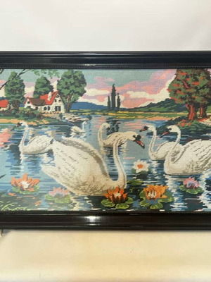 Vintage embroidered painting "Swans on the Lake" 60x120 used
