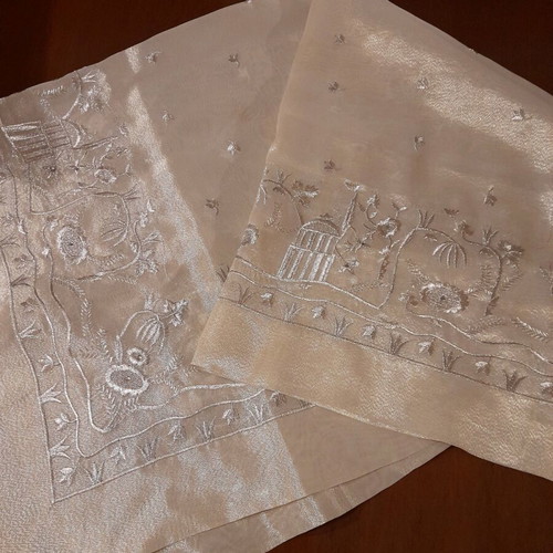 Silk tablecloth new embroidered with silver thread ivory 1×1