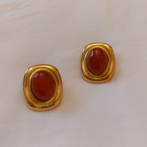 Vintage gold earrings with oval red ceramic stone like new