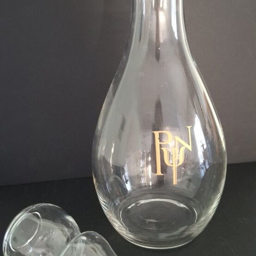Glass wine carafe with glass stopper and gold monogram, like new