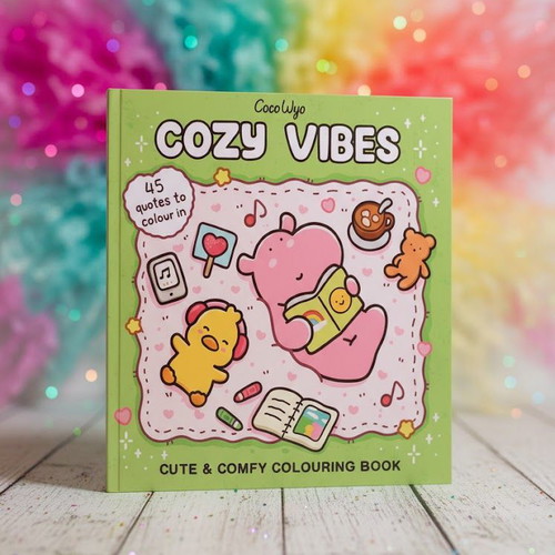 Cozy Vibes colouring book with 45 handwritten pages