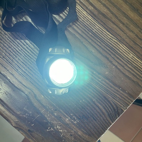Headlamp used, 3xAAA batteries, 3 lighting modes and strobe