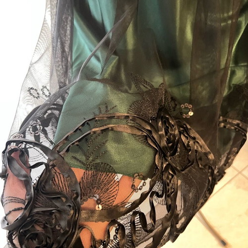 Romantic vintage dress satin green with black transparency, like new size M