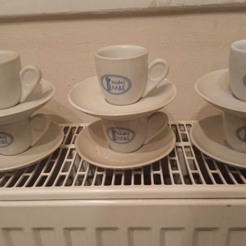Coffee cups small set of 6 new with Greek logo