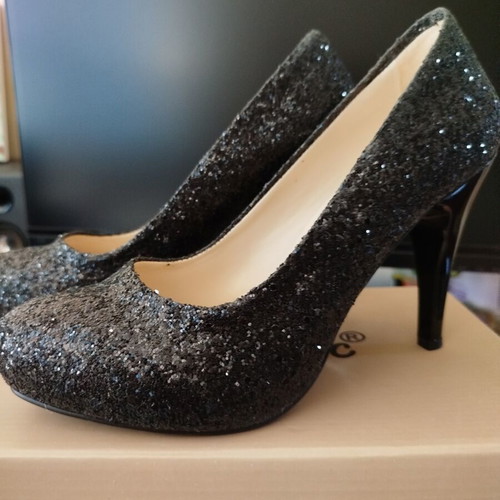 Evening shoes size 38, new, black with glitter finish, 10 cm heel