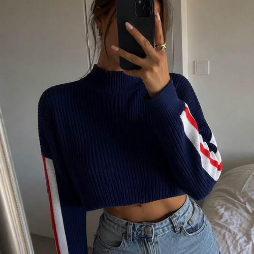 H&M knitted crop sweater with side stripes and short turtleneck