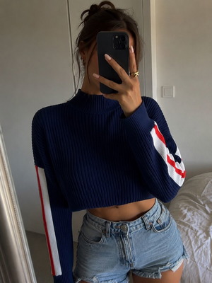 H&M knitted crop sweater with side stripes and short turtleneck