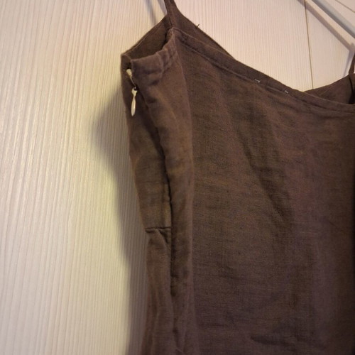 Linen dress new, brown with decorative beads and ruffle hem