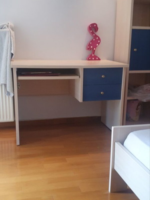 Blue bedroom set with desk, bookshelves and bed
