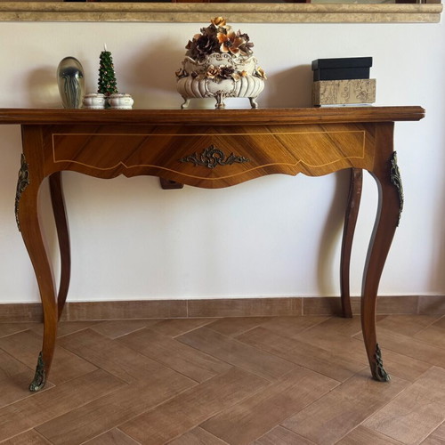 Antique walnut console table with brass and marquetry