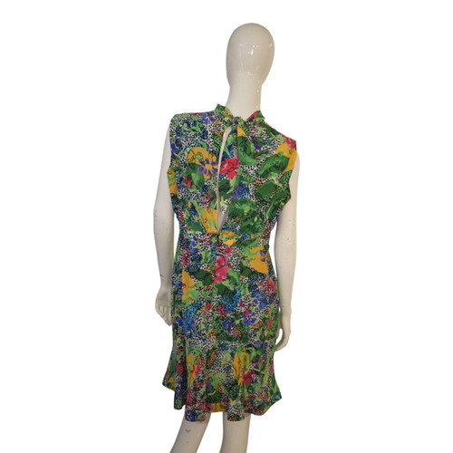 Saloni 100% Silk Green Floral Dress with High Neck & Ruffle, US 8 UK 12
