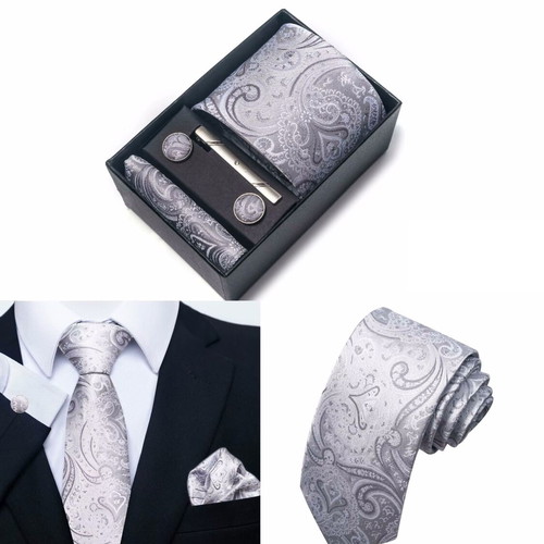Gift set Tie, Cufflinks, Handkerchief and Clip paisley grey new