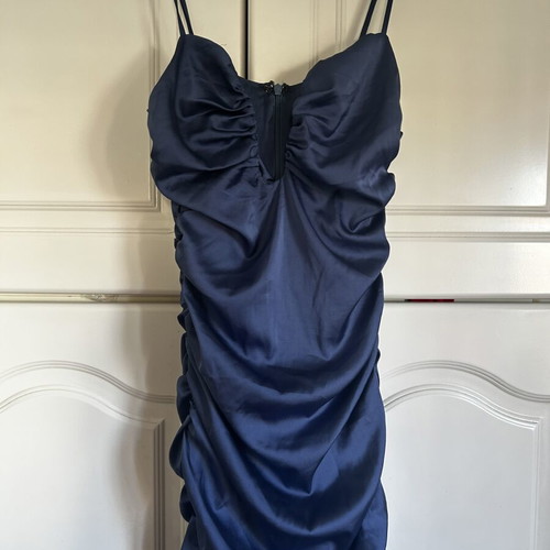 Oh Polly Navy Satin Ruched Mini Dress Size S like new