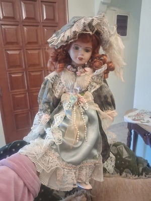 Vintage porcelain doll 42 cm used with lace dress and base
