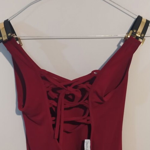 Red top with leather straps and lace-up back, one size