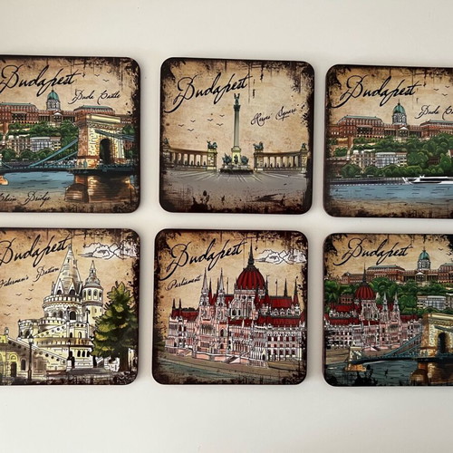 Coasters from Budapest set of 6 with cork back, new