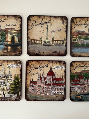 Coasters from Budapest set of 6 with cork back, new