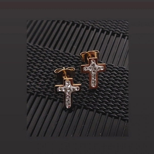 Cross stud earrings new, stainless steel, gold color