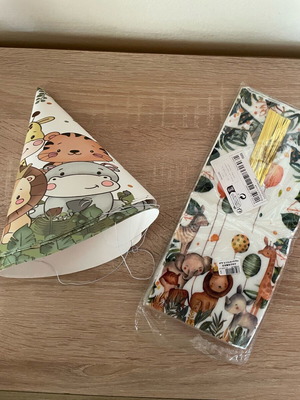 Jungle animal party supplies like new, 5 hats and 25 gift bags
