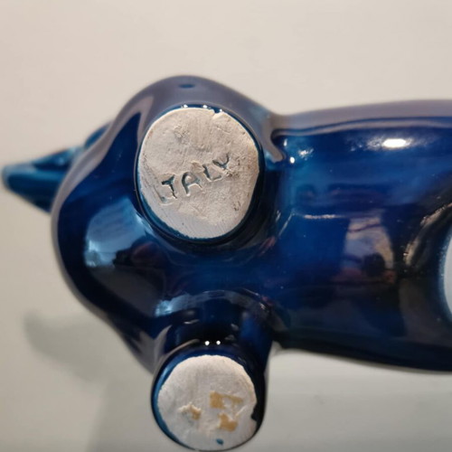 Italian faience piggy bank used, dog shape, 60s vintage