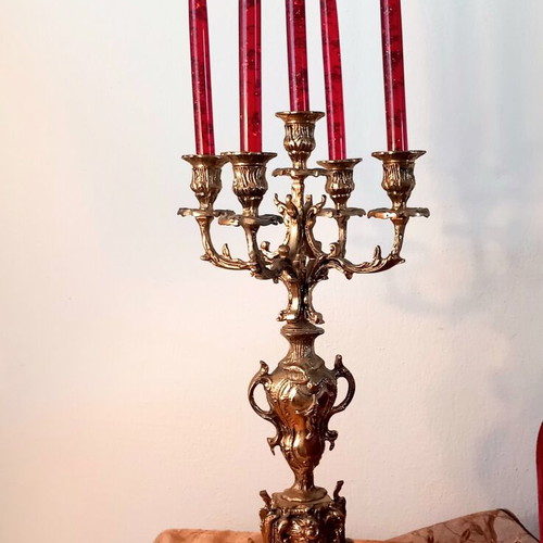 Vintage brass table clock with five-arm candlestick set like new