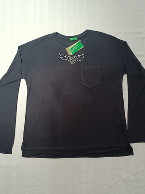 Benetton Kids Black Long Sleeve Shirt with Rhinestone Heart New