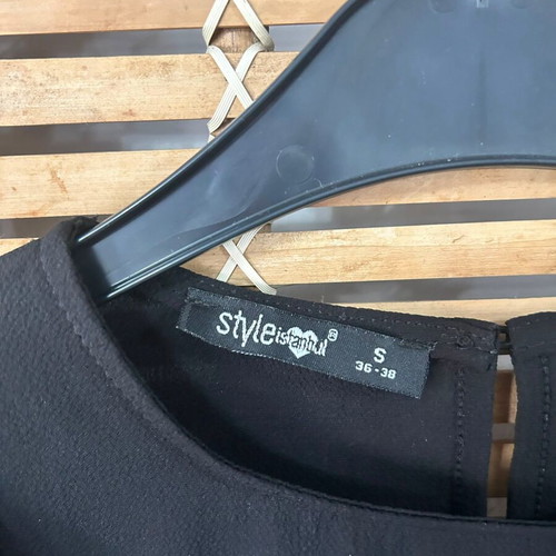Style Essential black ruffle blouse, size S