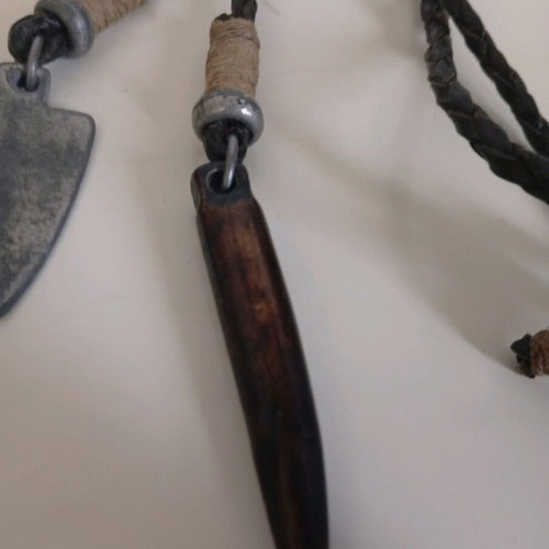 Men's leather necklace new brown with tooth and silver arrow