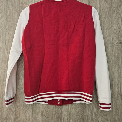 Red cardigan with monogram like new, size M