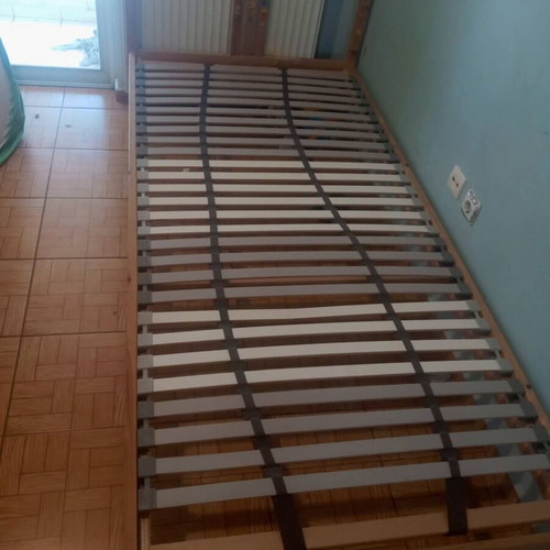 Wooden bed frame with foam mattress and 2 wall storage boxes, IKEA