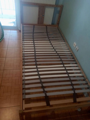 Wooden bed frame with foam mattress and 2 wall storage boxes, IKEA