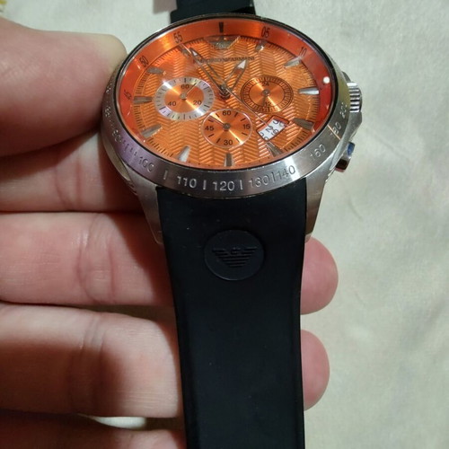 Emporio Armani men's chronograph watch with orange dial and silicone strap