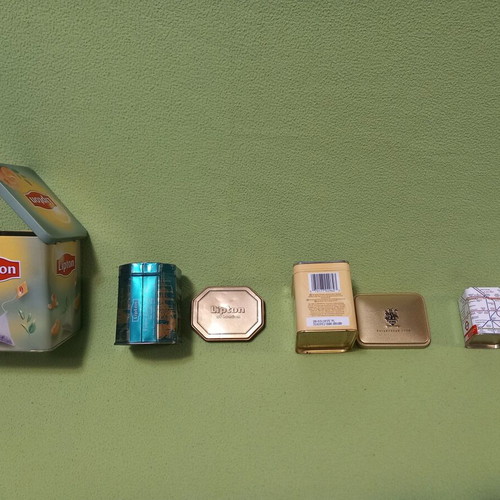 Collectible metal tea tins used, set of 4 Lipton Twinings Underground