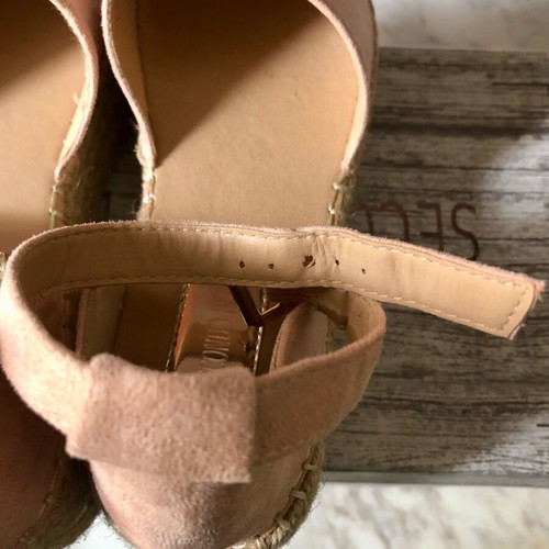 Pink suede platform espadrilles used with elastic ankle strap, size 39