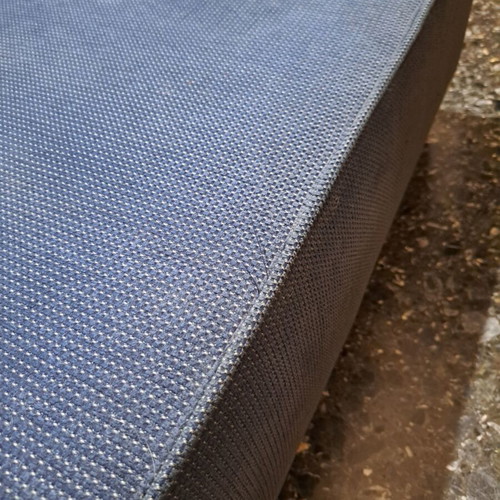 Semi-double bed with headboard 135x200 used, blue cotton fabric, beech frame