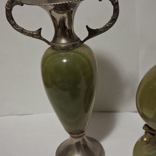 Vintage decorative set green onyx amphora and small globe