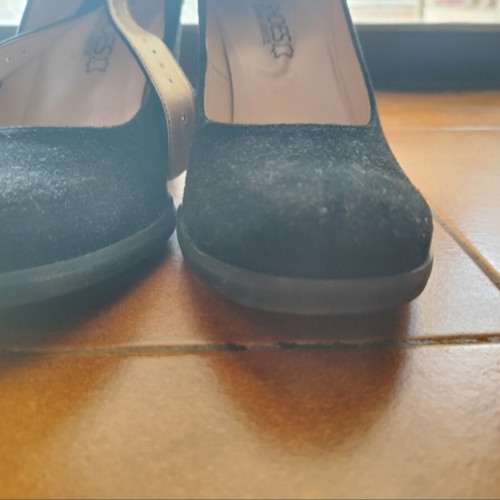 Black suede pumps with thick heel and strap, size 39, like new