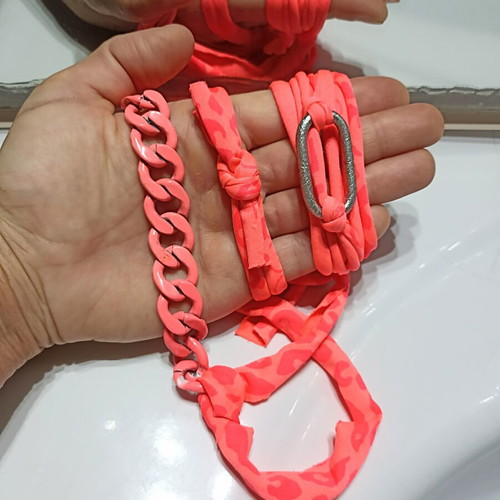 Elastic necklace and bracelet set with chain, coral-pink