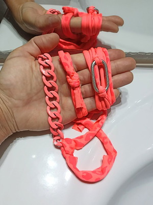 Elastic necklace and bracelet set with chain, coral-pink