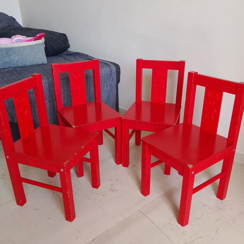 IKEA KRITTER children's chairs set of 4 used, red wood