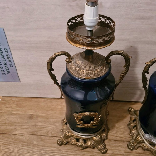 French table lamps pair used, porcelain and brass dark blue