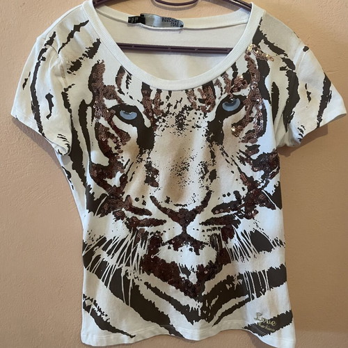 Love Moschino vintage women's T-shirt with tiger print and brown sequins, medium